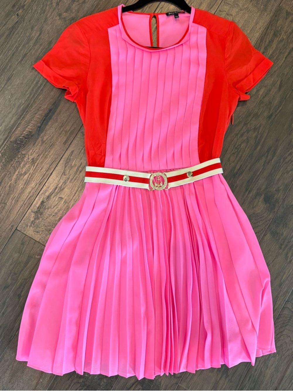 Juicy Couture Pink Red Accordion Pleated Silk Dress Nautical Belt size 4